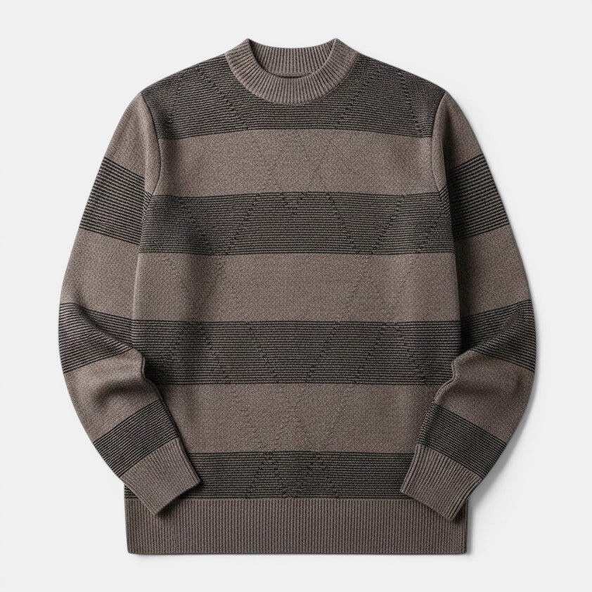 Allzom men's brown and black striped high round neck knit sweater with a modern slim fit.