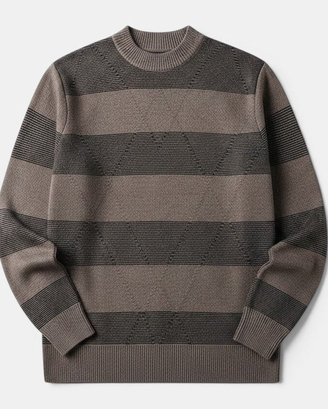 Allzom men's brown and black striped high round neck knit sweater with a modern slim fit.