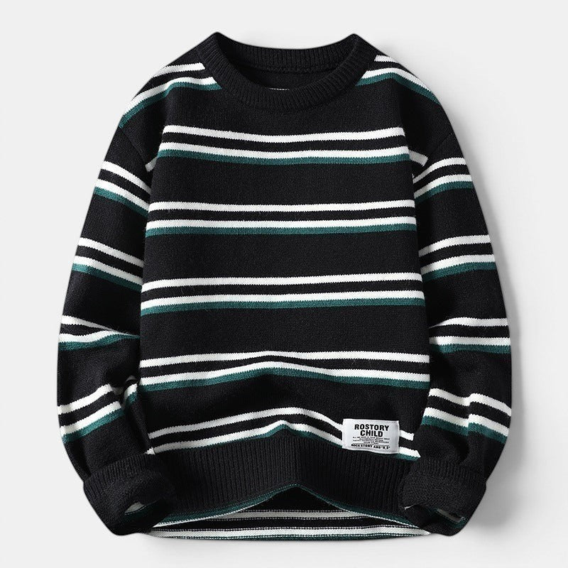 Allzom Men's black, white and green striped knitwear coat with crew neck and relaxed fit.