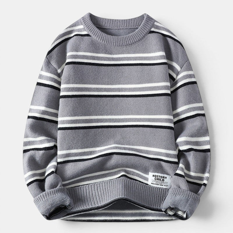 Allzom Men's grey, white, and black striped knitwear coat with a relaxed fit and crew neck.