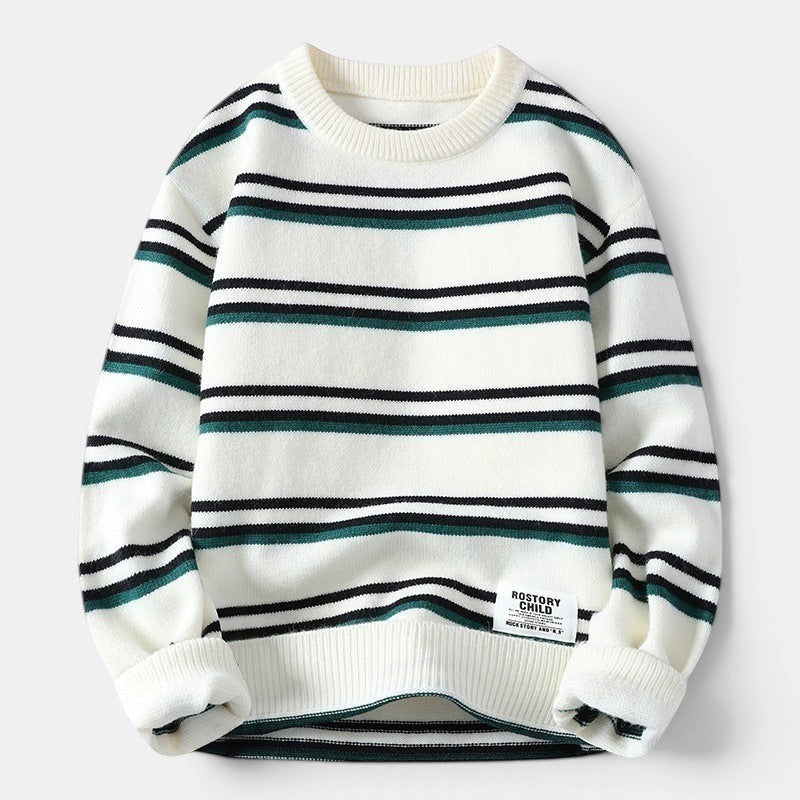 Allzom Men's striped knitwear coat in white, black and green. Relaxed fit, crew neck, long sleeves.