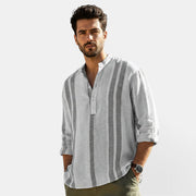 Allzom Men's light grey and dark grey striped slub linen shirt with stand collar and button detail.