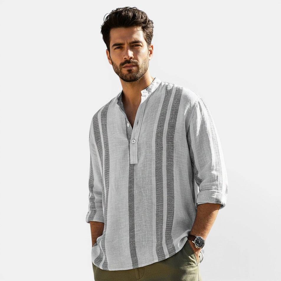 Allzom Men's light grey and dark grey striped slub linen shirt with stand collar and button detail.
