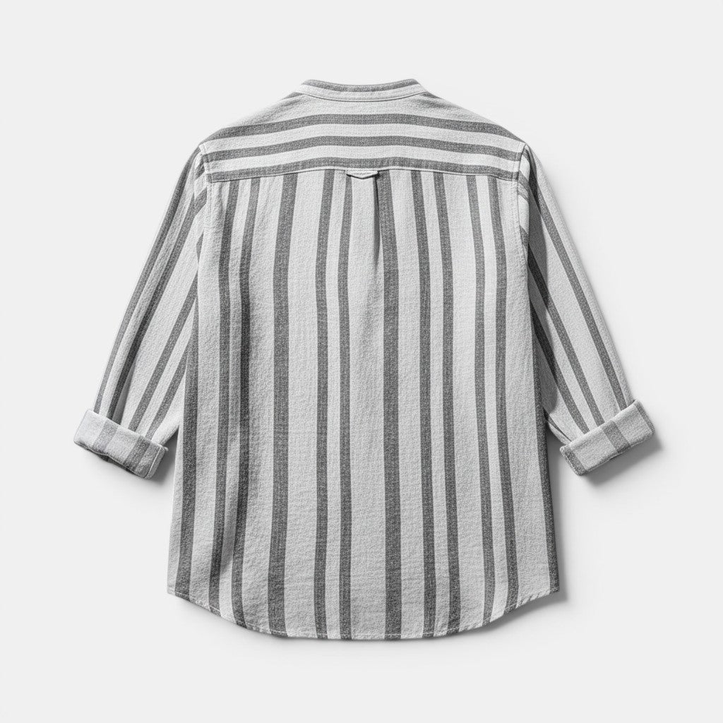Allzom men's grey and white striped slub linen shirt with stand collar and rolled sleeves.
