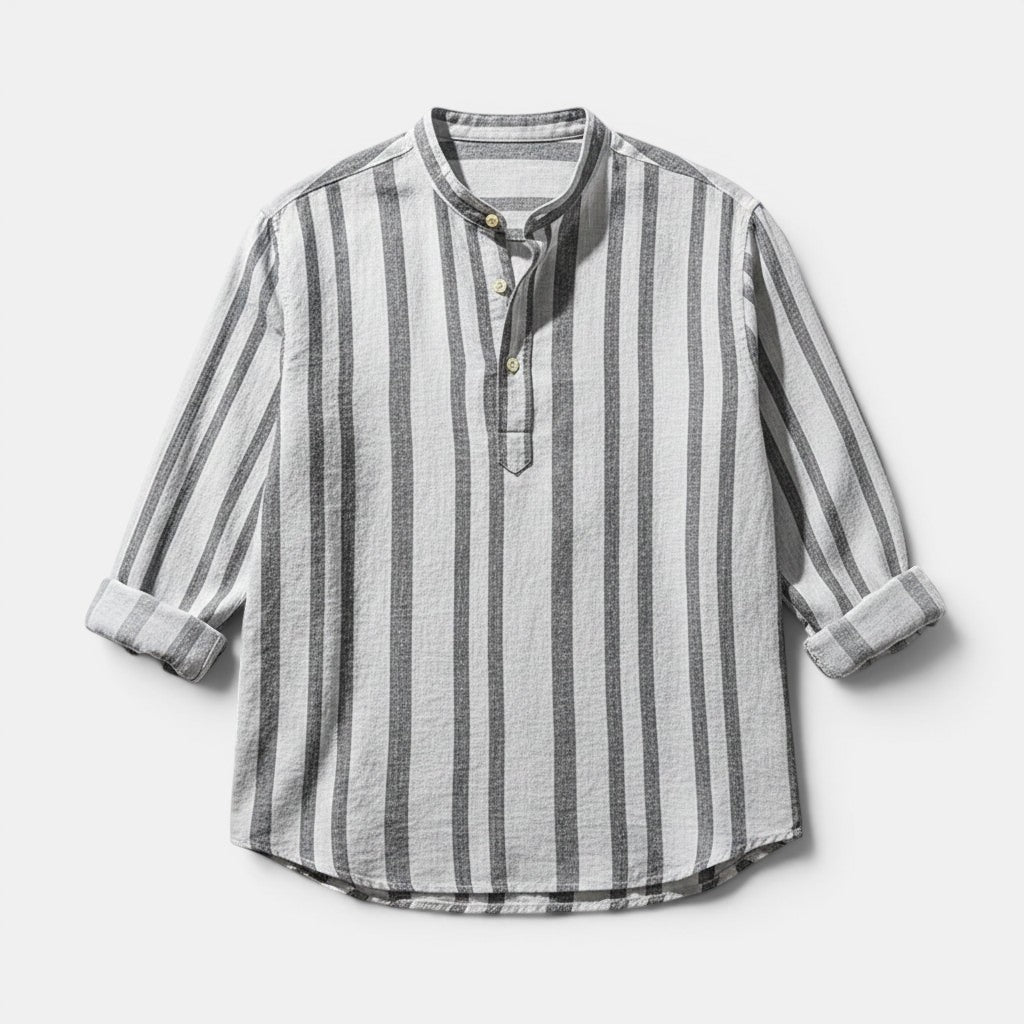 Allzom men's grey and white striped slub linen shirt with stand collar and rolled sleeves.