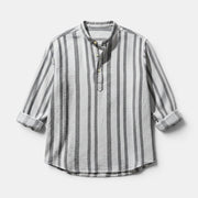 Allzom men's grey and white striped slub linen shirt with stand collar and rolled sleeves.
