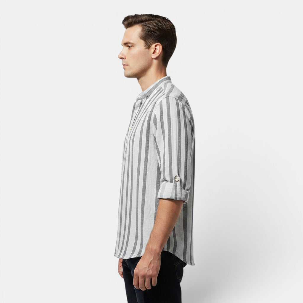 Allzom men's white and grey striped slub linen shirt with stand collar and rolled sleeves.