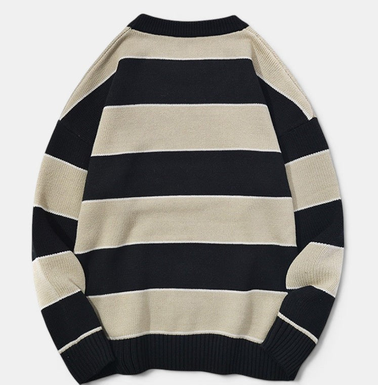 Allzom unisex casual striped pullover sweater in black and beige knit fabric. Timeless design.