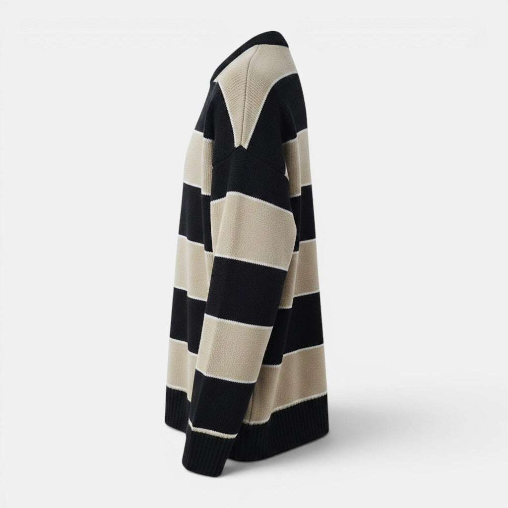 Allzom unisex casual striped pullover sweater in black and beige knit fabric. Timeless, relaxed style.