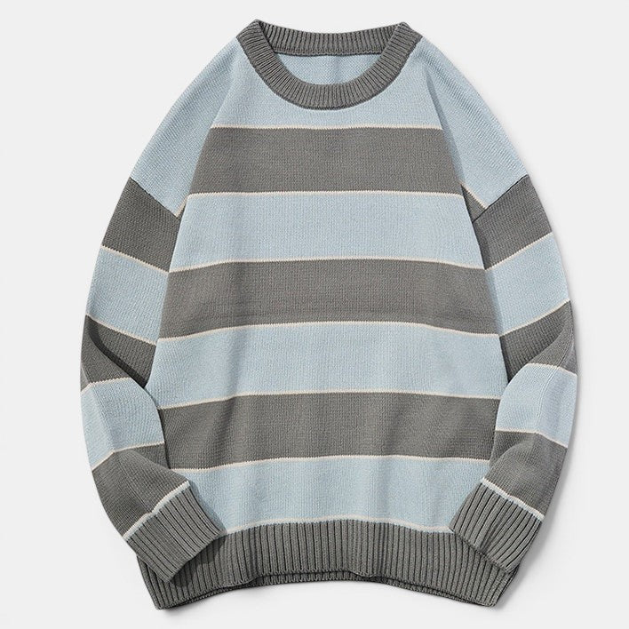 Allzom unisex casual striped pullover sweater in light blue and grey, made from soft knit fabric.