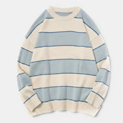 Allzom Unisex casual striped pullover sweater in cream and light blue knit fabric.
