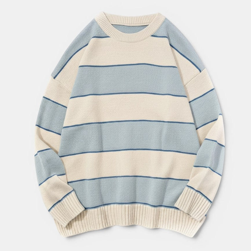 Allzom Unisex casual striped pullover sweater in cream and light blue knit fabric.