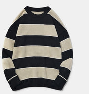 Allzom unisex casual striped pullover sweater in navy and beige knit fabric with a crew neck and relaxed fit.