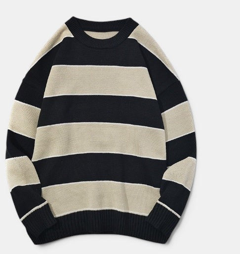 Allzom unisex casual striped pullover sweater in navy and beige knit fabric with a crew neck and relaxed fit.