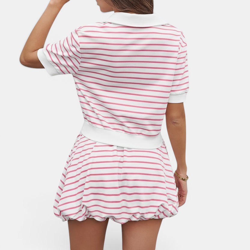 Allzom women's pink and white striped short sleeve polo shirt with bubble mini skort. Lightweight fabric.