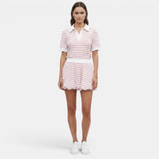 Allzom women's pink and white striped short sleeve polo shirt and bubble mini skort set.