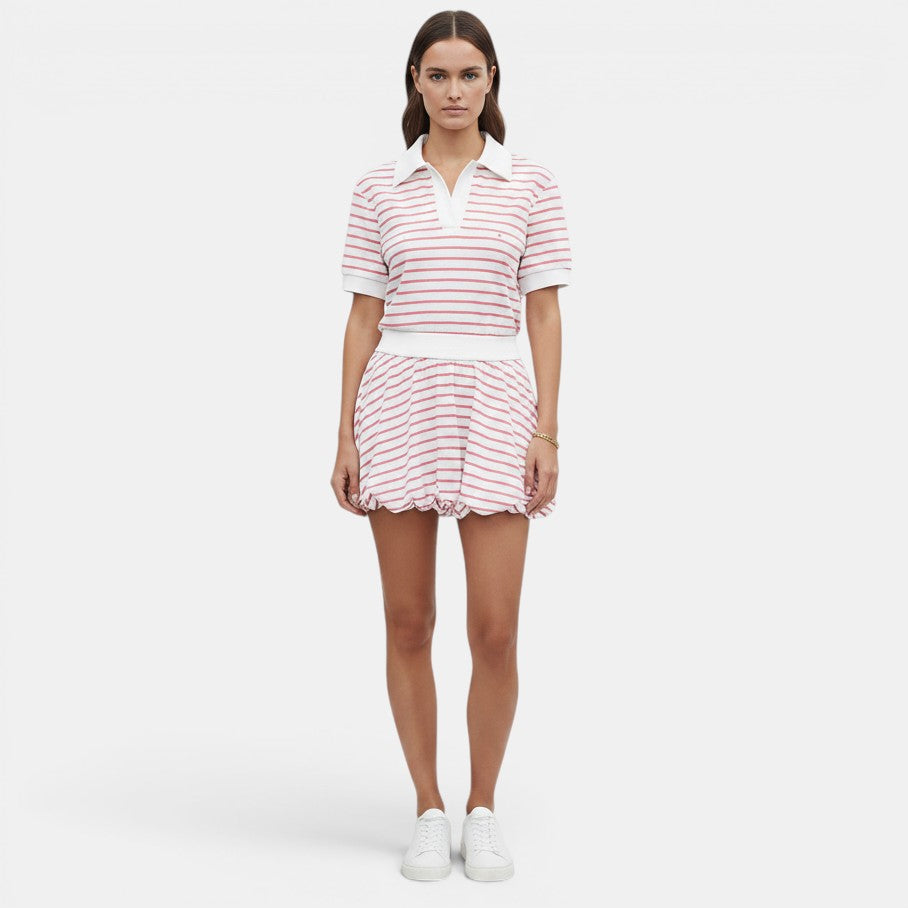 Allzom women's pink and white striped short sleeve polo shirt and bubble mini skort set.