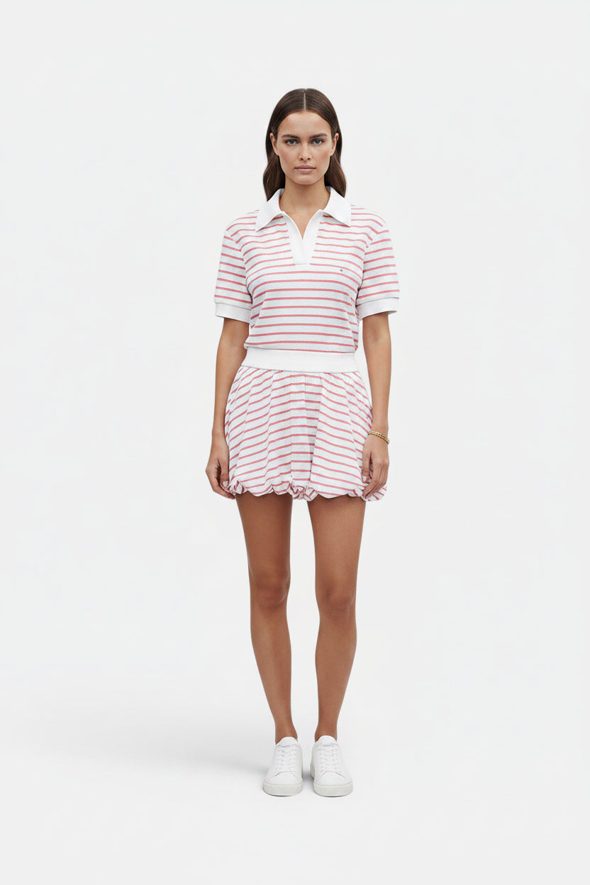 Allzom women's pink and white striped short sleeve polo shirt and bubble mini skort set.