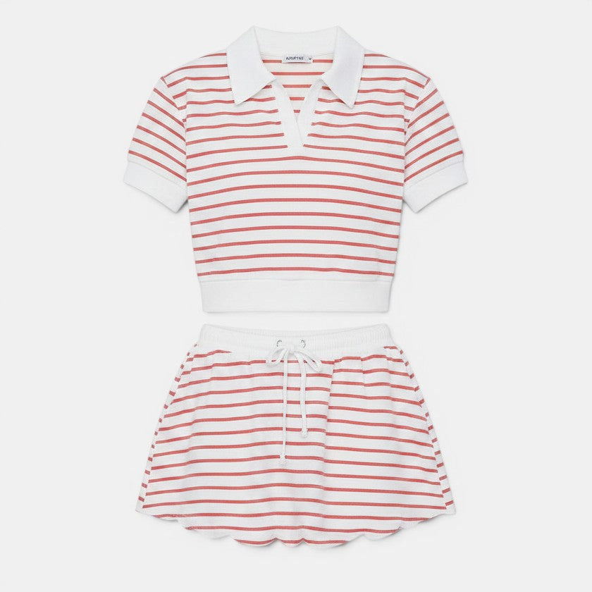 Allzom women's red and white striped short sleeve polo shirt and bubble mini skort set. Lightweight fabric.