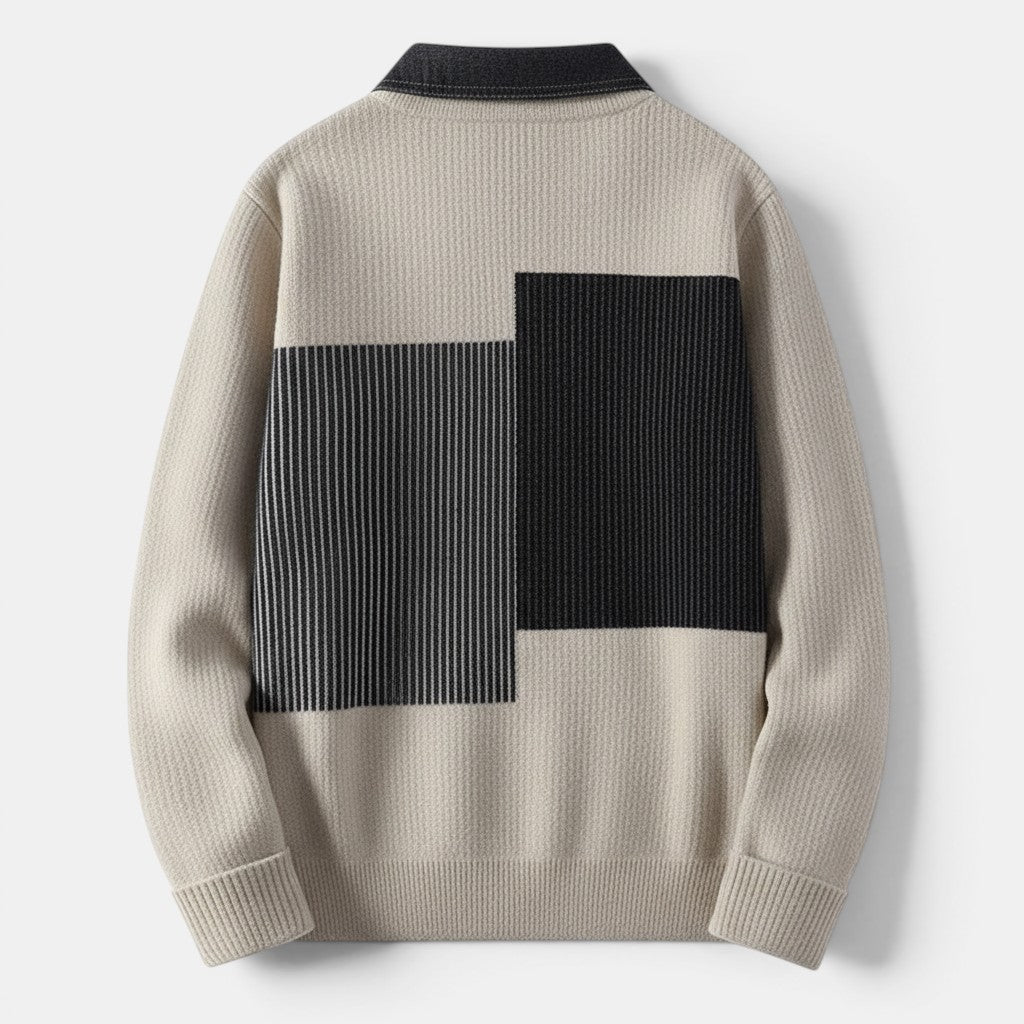 Allzom bege sweater com gola preta e padrão geométrico em blocos nas costas, em malha grossa.