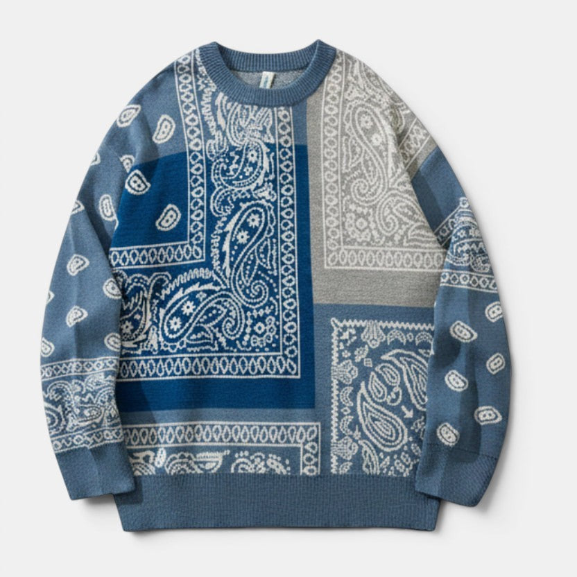 Allzom suéter de malha azul e cinza com padrão paisley em blocos, gola redonda, mangas compridas.