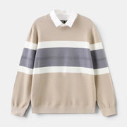 Allzom sweater de malha bege com riscas brancas e cinzentas, gola de camisa branca falsa, estilo de duas peças.