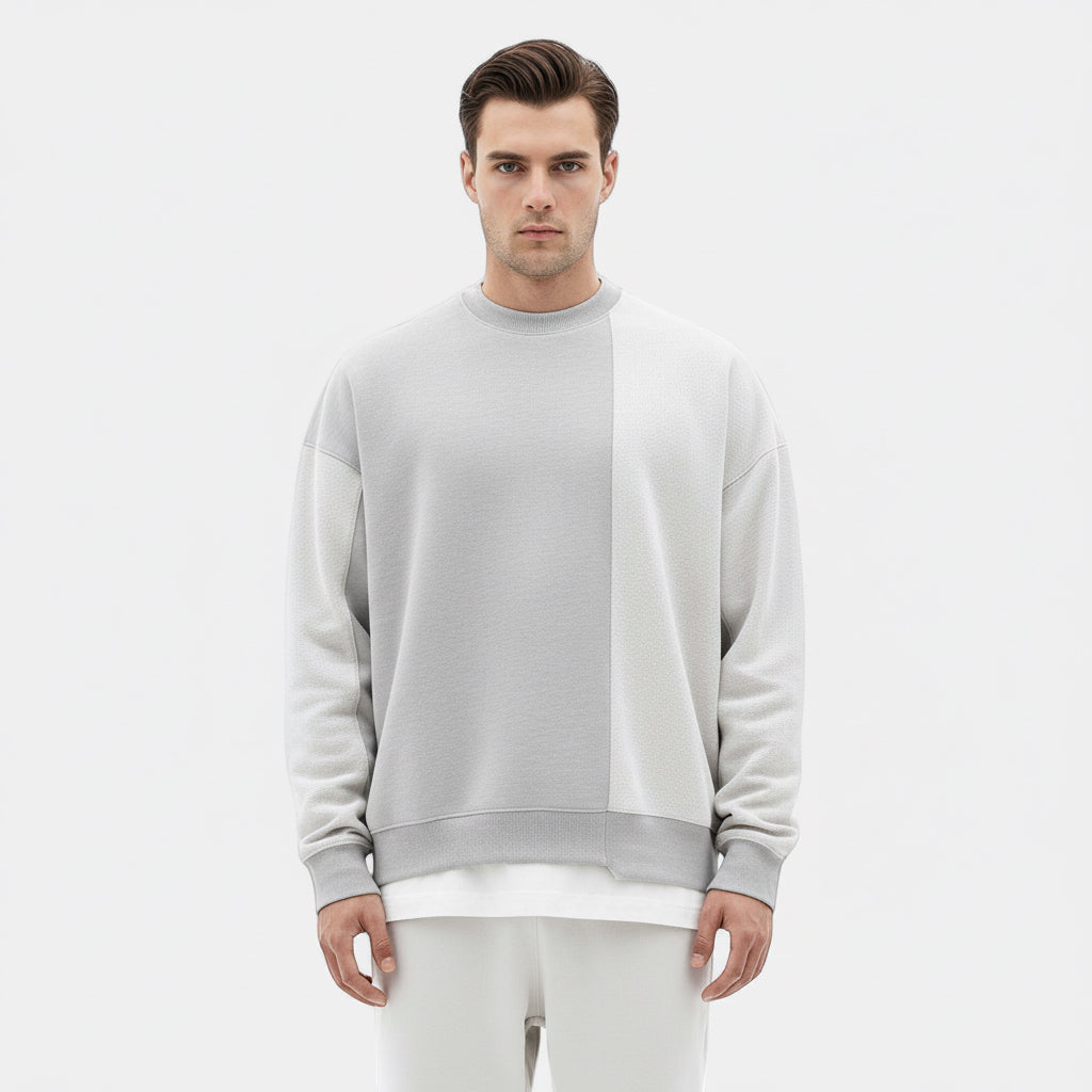 Allzom sweatshirt de algodão cinza com design assimétrico de blocos de cor, corte descontraído.