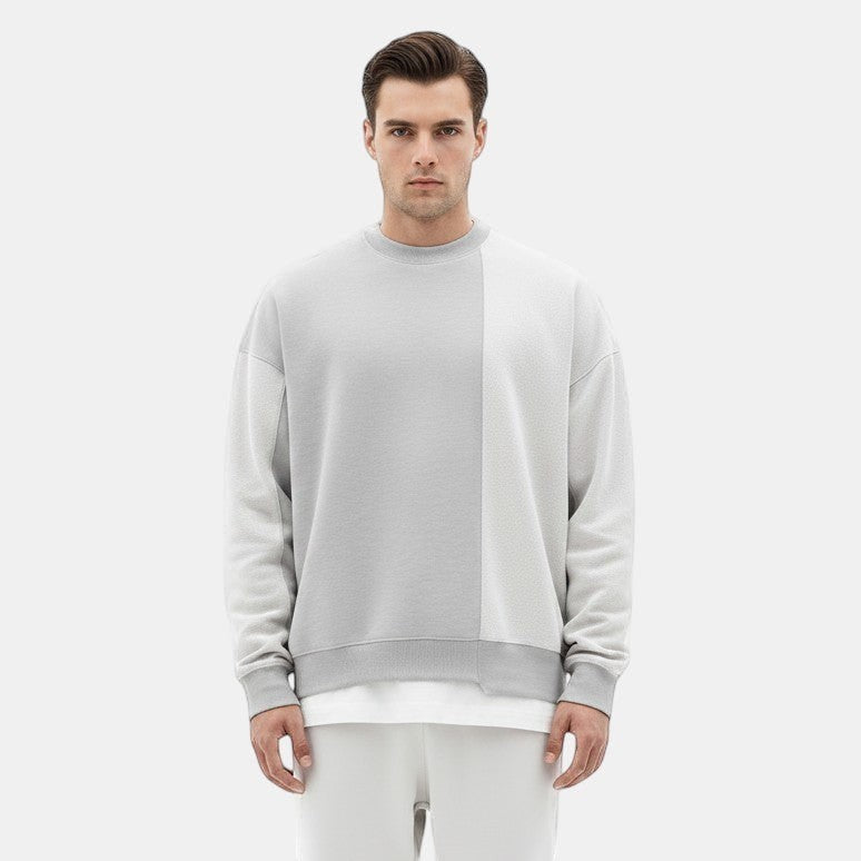 Allzom sweatshirt de algodão cinza com design assimétrico de blocos de cor, corte descontraído.