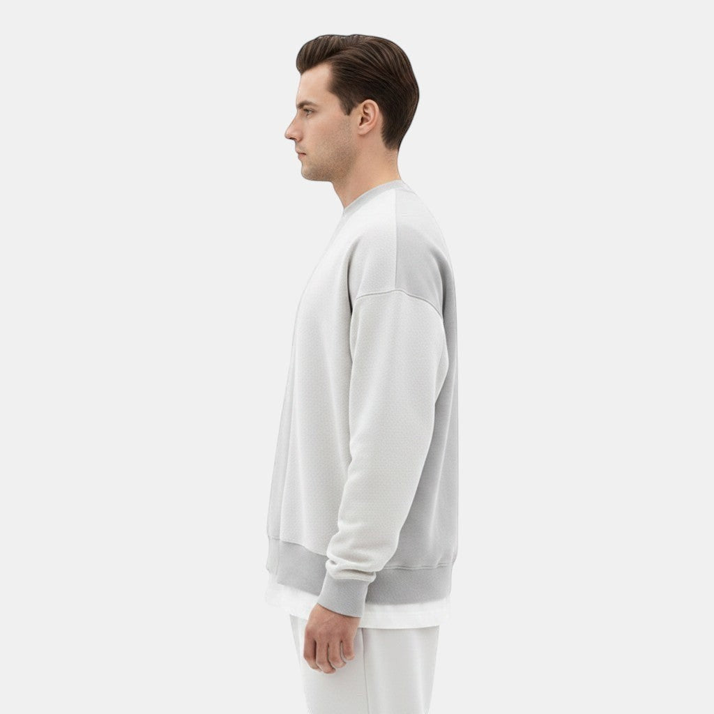 Allzom sweatshirt de algodão cinza e branco com padrão assimétrico, corte descontraído, para homem.