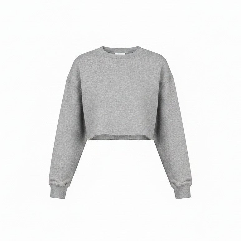 Allzom sweatshirt desportivo casual feminino cinzento, de corte solto e cropped com bainha desfiada.