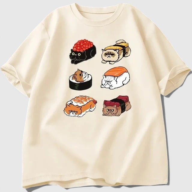 T-shirt Allzom de algodão bege com estampa kawaii de gatos em forma de sushi, corte largo e mangas curtas.