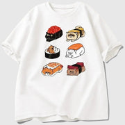 T-shirt branca de algodão Allzom com estampa kawaii de gatos em formato de sushi, manga curta e corte largo.