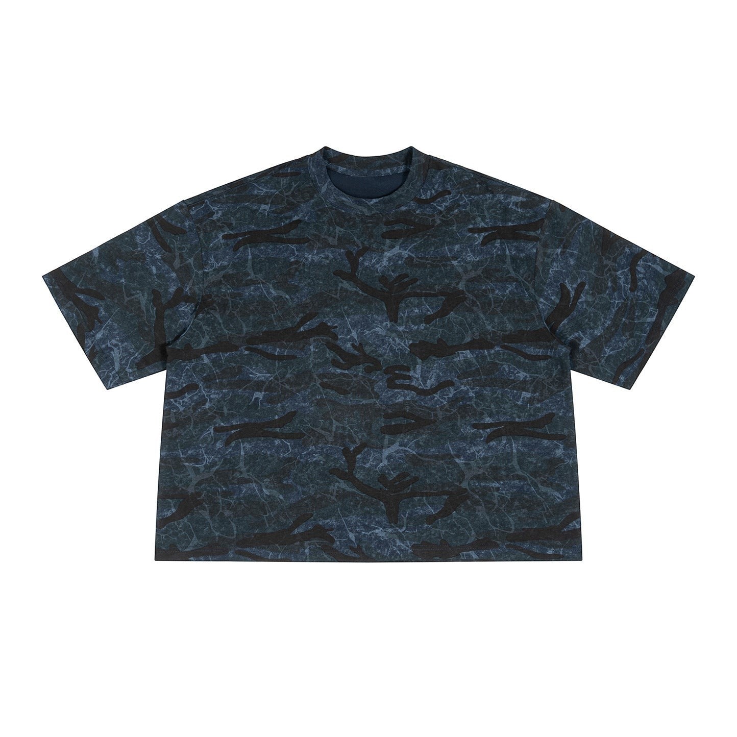 T-shirt Allzom de algodão para homem com padrão de camuflagem em tons de azul e preto e gola redonda