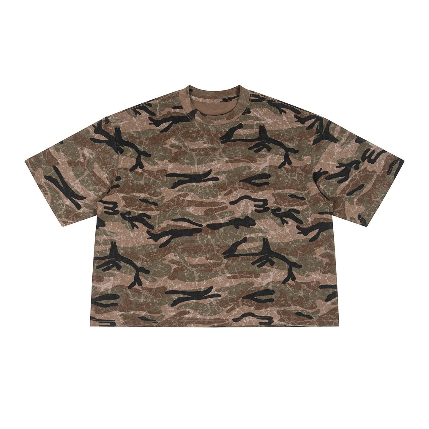 T-shirt de homem Allzom com padrão camuflado em tons de castanho e verde, gola redonda e corte descontraído em algodão.