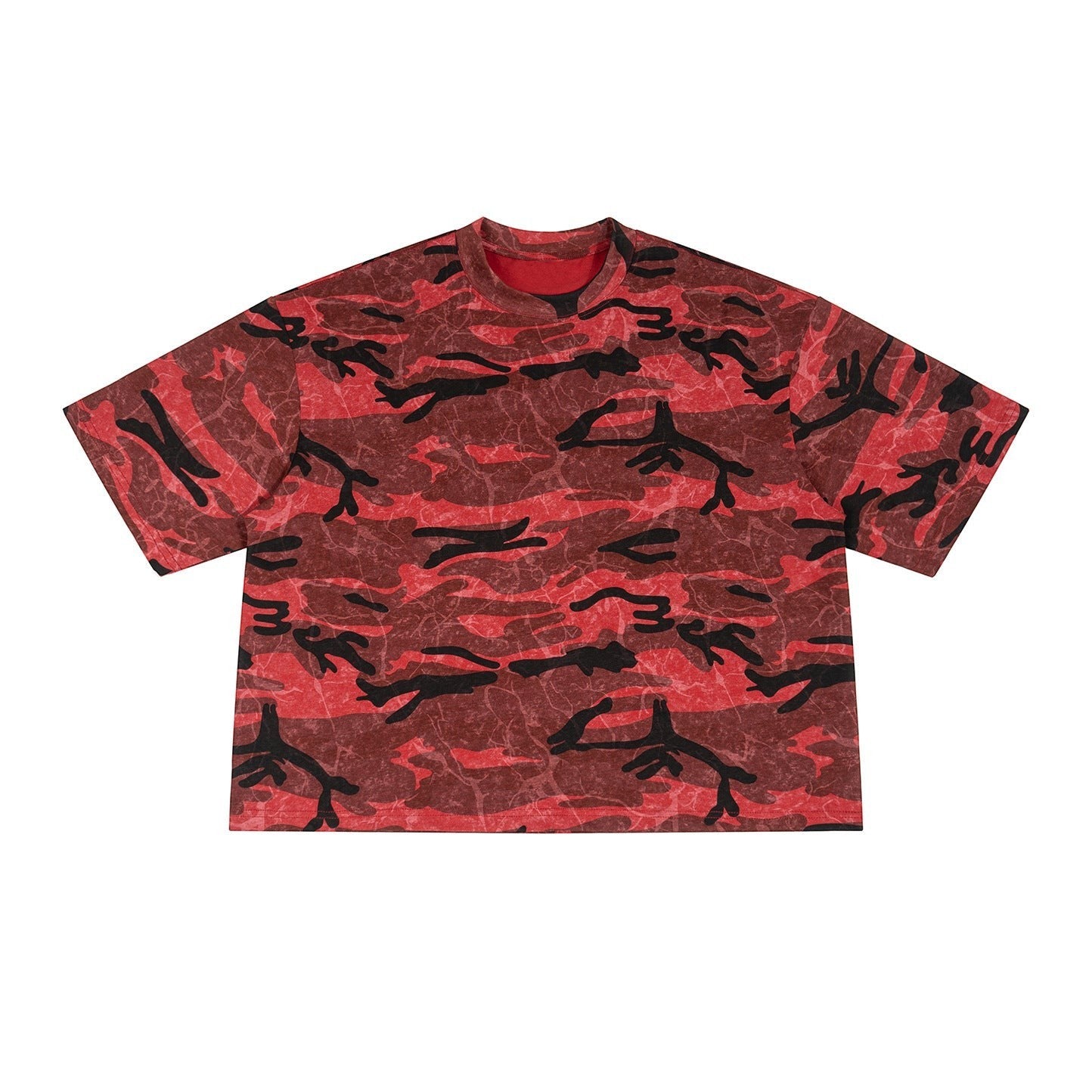 T-shirt Allzom de algodão com padrão camuflado vermelho e preto, gola redonda e corte descontraído para homem.