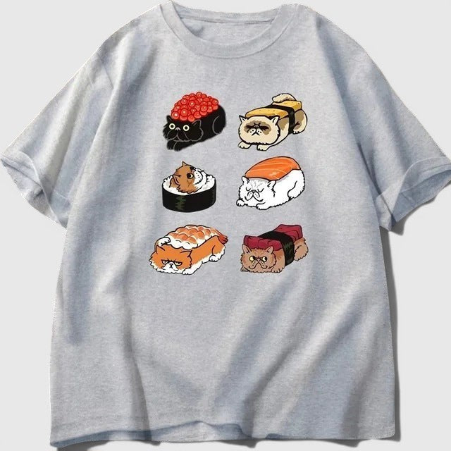 T-shirt Allzom cinzenta de algodão com estampa kawaii de gatos em formato de sushi, corte largo e manga curta.