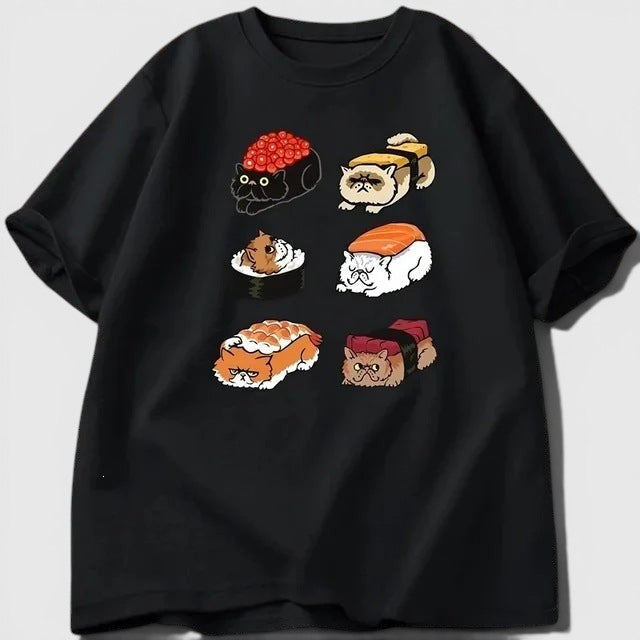 T-shirt preta de algodão Allzom com estampa kawaii de gatos em formato de sushi, estilo casual de verão.