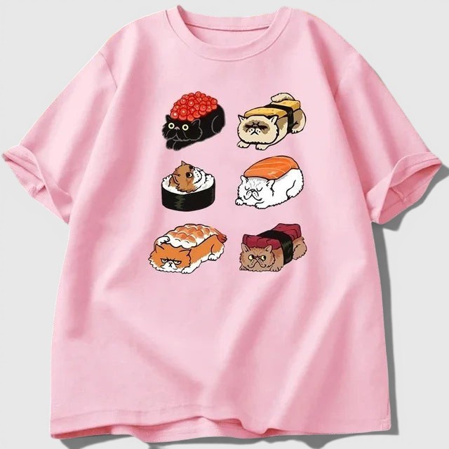 T-shirt Allzom rosa de algodão com estampa kawaii de gatos em formato de sushi, manga curta e corte largo