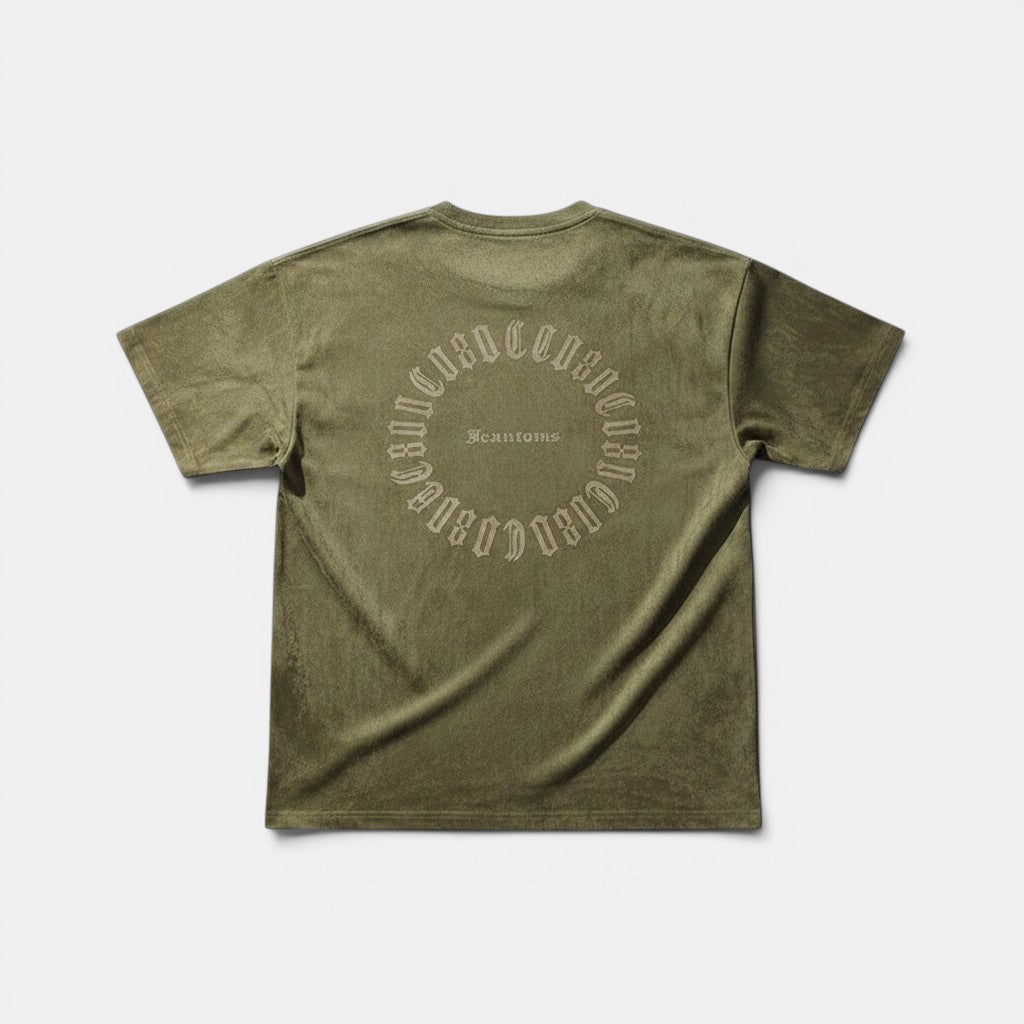 Allzom T-shirt verde militar em camurça com estampa circular vintage e gola redonda.