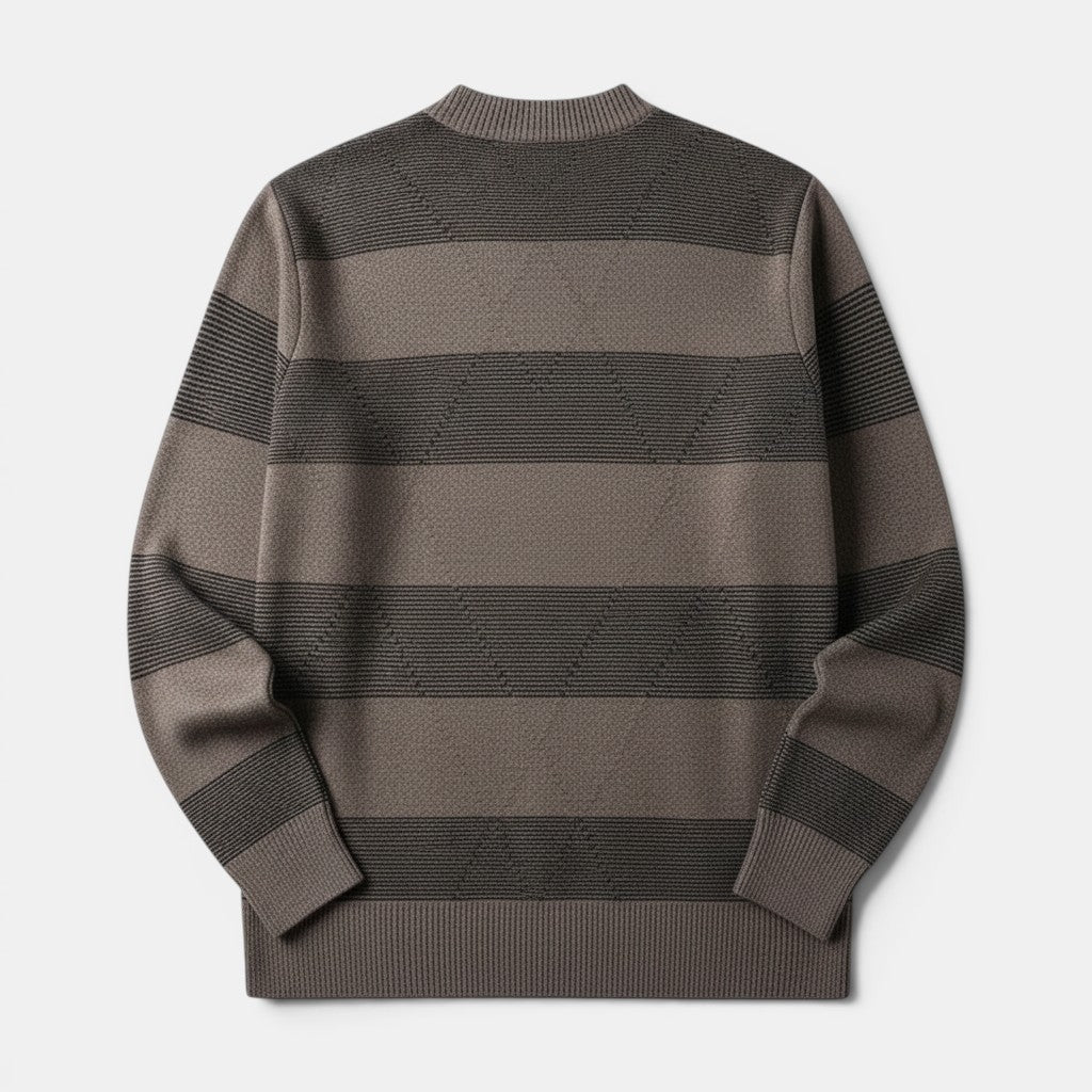 Allzom men's taupe and dark grey striped knit sweater with high round neck and textured diamond pattern.