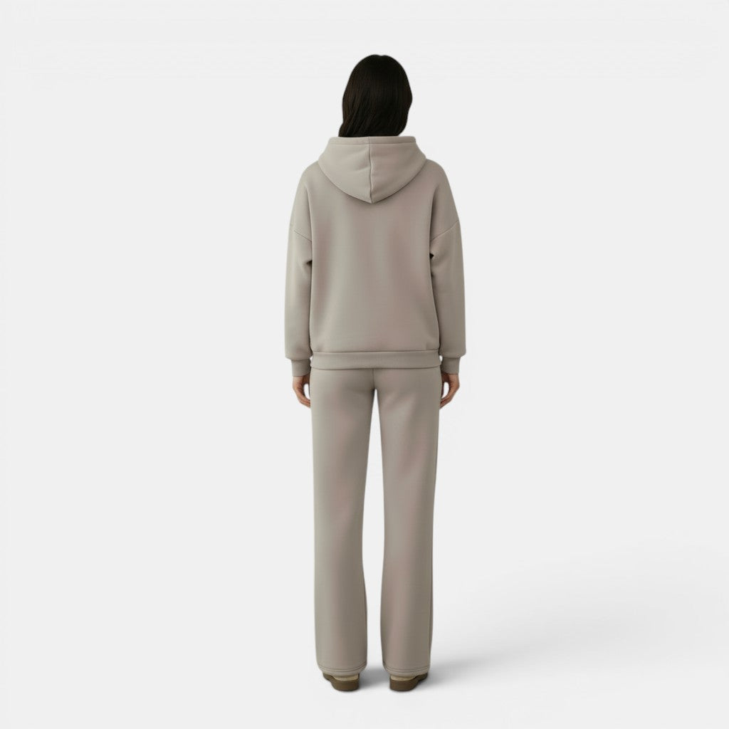 Allzom women's oversized hooded sweatshirt and wide-leg trousers set in taupe, made from soft casual fabric.