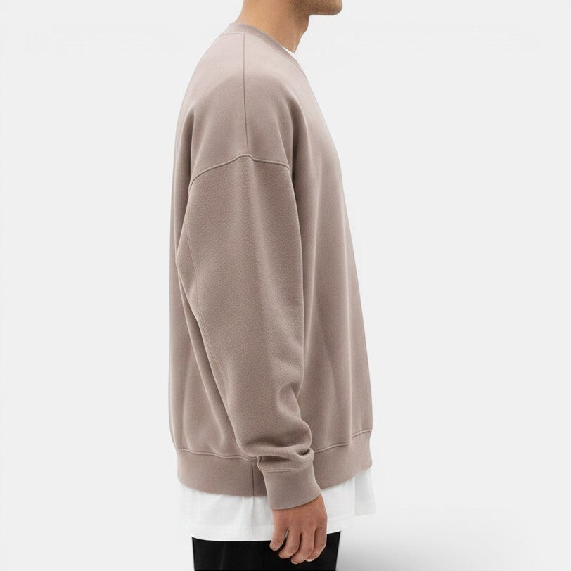 Allzom men's taupe loose fit round-neck pullover sweater in soft knitwear with textured detail.