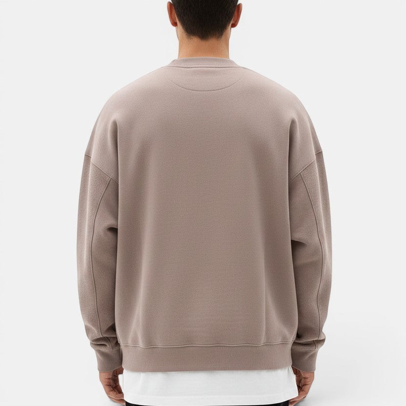 Allzom men's taupe loose round-neck pullover sweater in soft knitwear with textured sleeves.