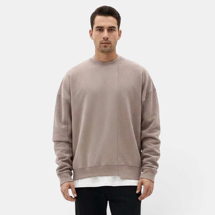 Allzom men's taupe loose fit round-neck pullover sweater in soft knitwear with a unique seam detail.