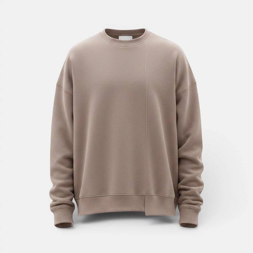 Allzom men's taupe loose-fit round-neck pullover sweater with textured knit and subtle seam detail.