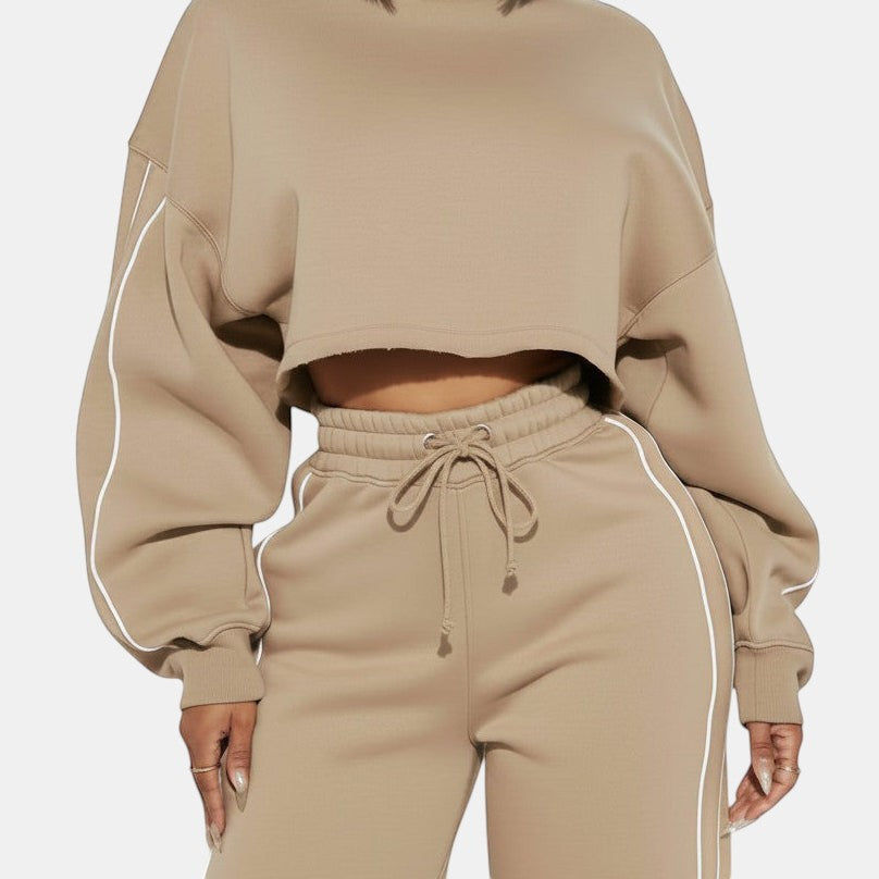 Allzom cropped sweatshirt and joggers in taupe with white piping detail. Relaxed fit, long sleeve, casual sport style.