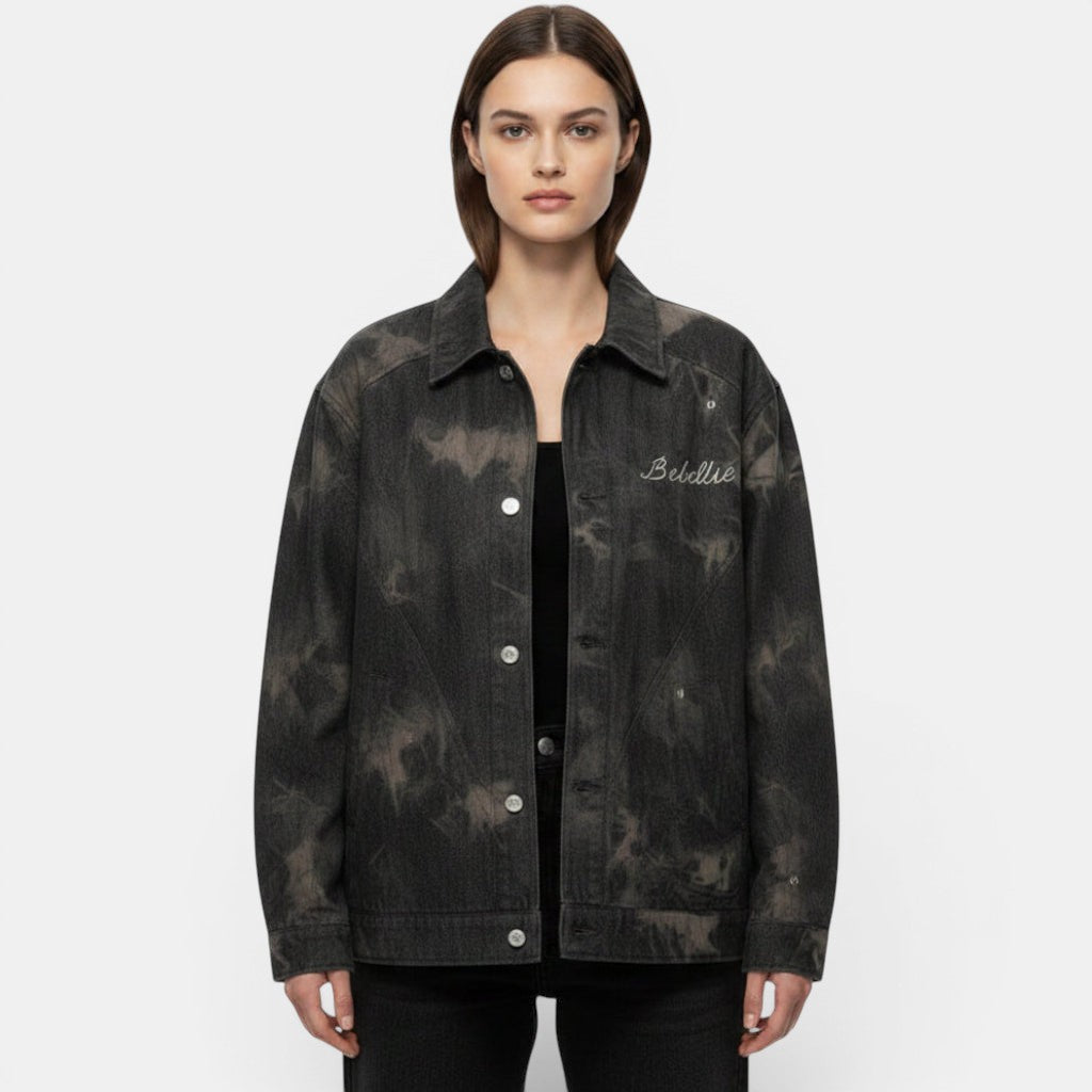 Allzom women's tie-dye embroidered denim coat in black with white stitching. Features a unique wash and artisanal detailing.