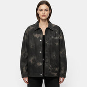 Allzom women's tie-dye embroidered denim coat in black with white stitching. Features a unique wash and artisanal detailing.