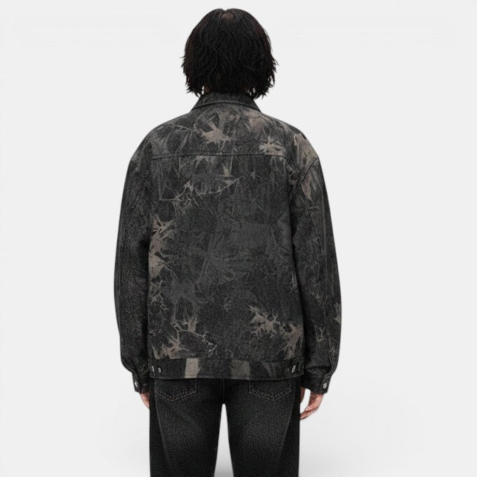 Allzom women's tie-dye embroidered denim coat in charcoal grey with unique wash and artisanal detailing.