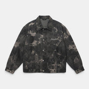 Allzom women's tie-dye embroidered denim coat in grey and black. Features a unique wash and artisanal detailing.